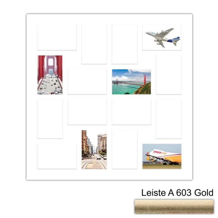 Galerierahmen Design 4245, 60x60, 16 Ausschnitte 10x15 altgold
