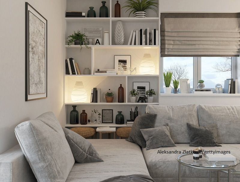 Stylisches Wohnzimmer mit Sofa und Bücherregal
