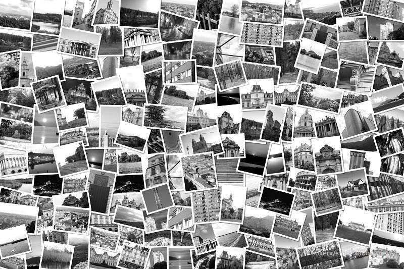 Schwarz Weiß Collage mit Fotos zeigt Städte Landschaften Gebäude und Denkmäler